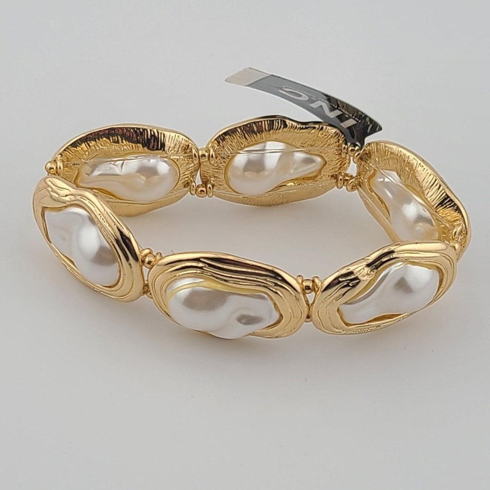 INC International Concepts Gold Tone Organic Faux Pearl Stretch Bracelet NEW